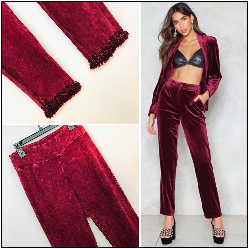 LEX Burgundy suede high rise fringe slacks